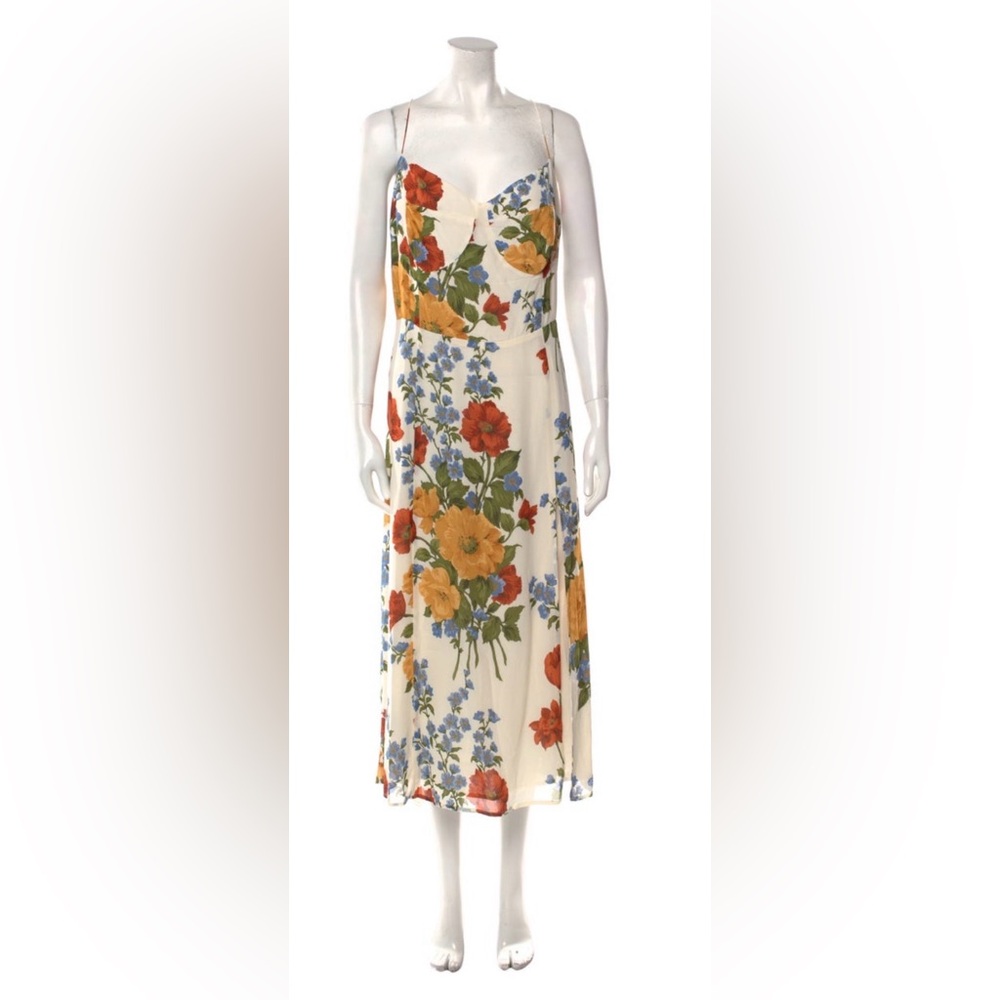 Reformation Slip Midi Dress in Cream with Floral Print. Size 14.